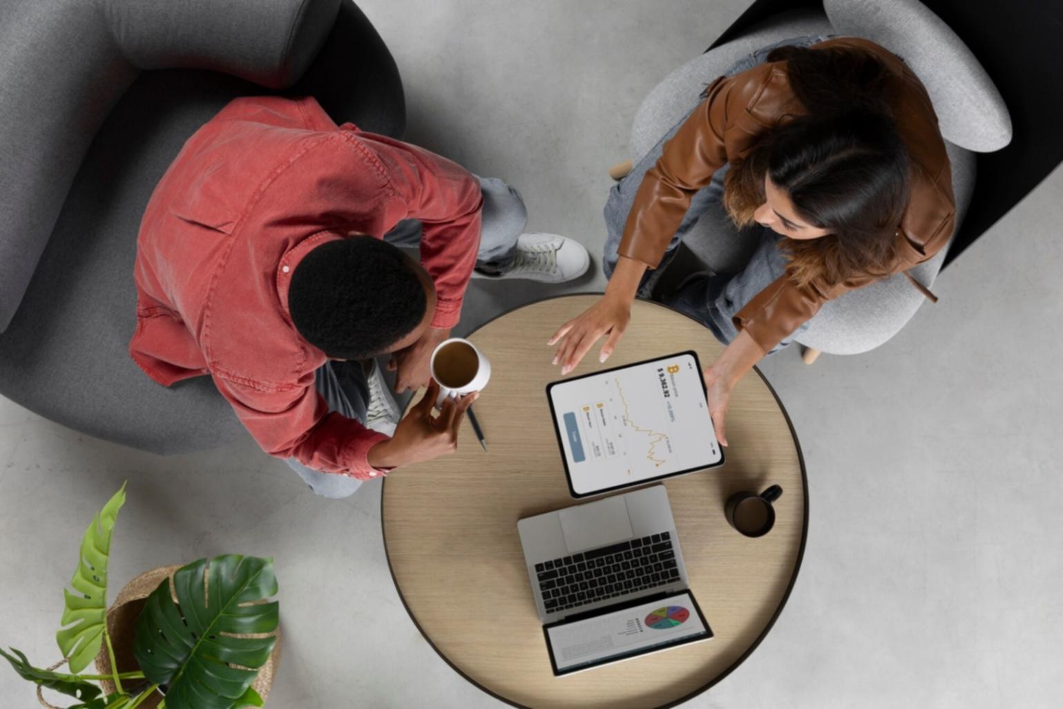 Financial planning workspace with charts and calculator